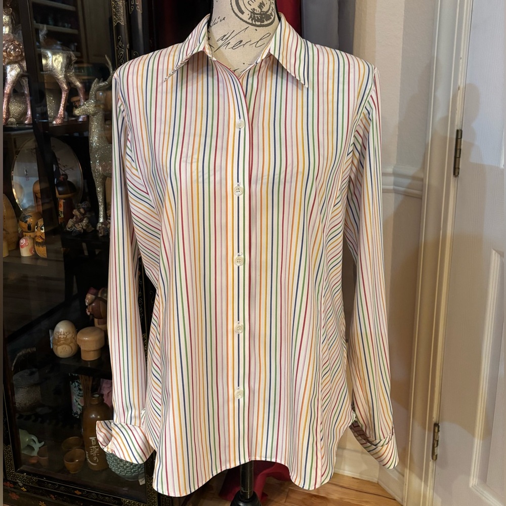 Liz Claiborne No Iron Long Sleeve Rainbow Striped Fold Cuff Button Down